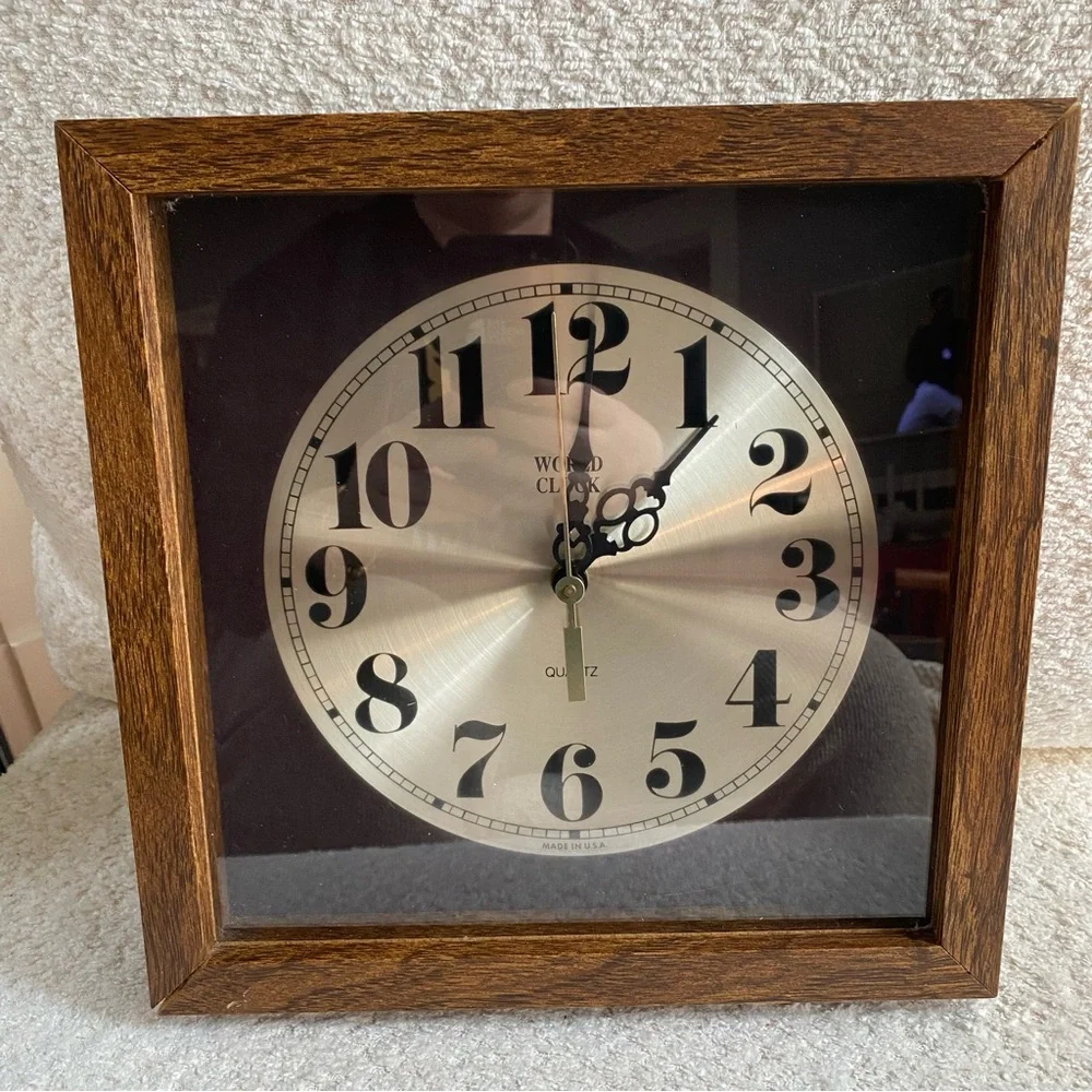Vintage World Clock 11 in Square Shadowbox Clock Quartz Made In USA